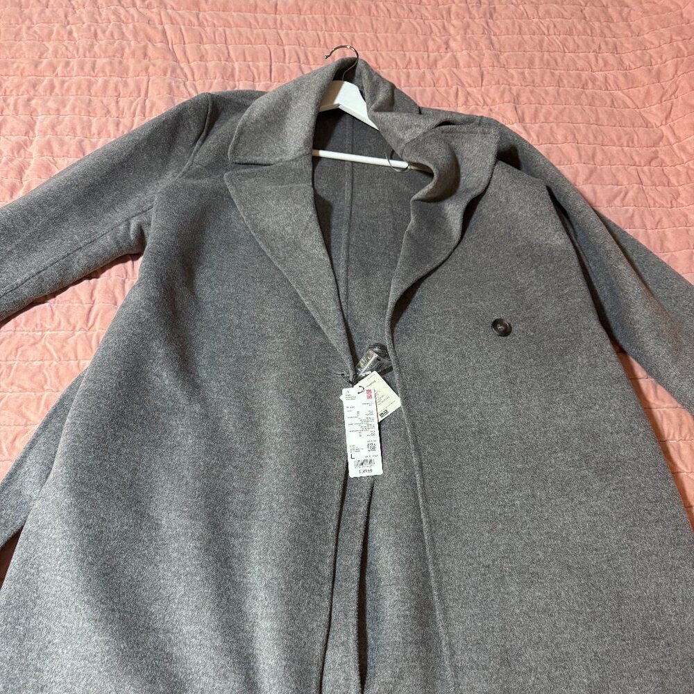 Gray Belted Double Face Wrap Coat - Uniqlo L - Picture 2 of 6